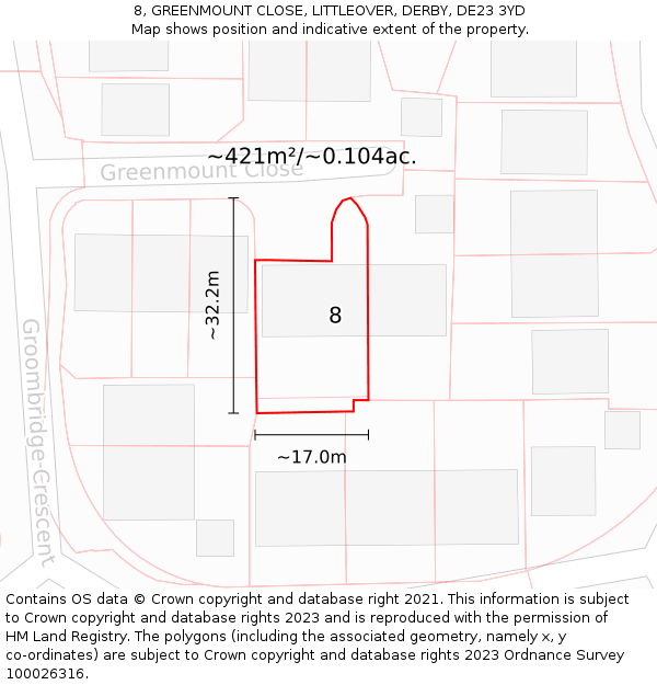 8, GREENMOUNT CLOSE, LITTLEOVER, DERBY, DE23 3YD: Plot and title map