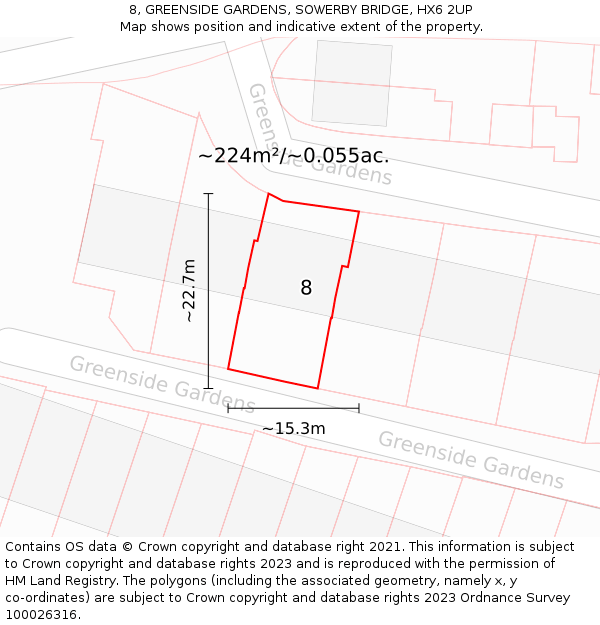 8, GREENSIDE GARDENS, SOWERBY BRIDGE, HX6 2UP: Plot and title map