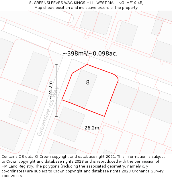 8, GREENSLEEVES WAY, KINGS HILL, WEST MALLING, ME19 4BJ: Plot and title map