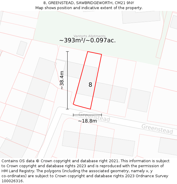 8, GREENSTEAD, SAWBRIDGEWORTH, CM21 9NY: Plot and title map
