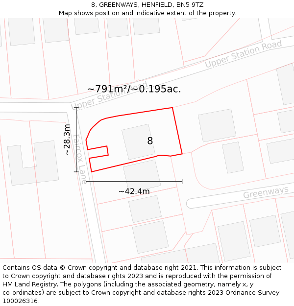 8, GREENWAYS, HENFIELD, BN5 9TZ: Plot and title map