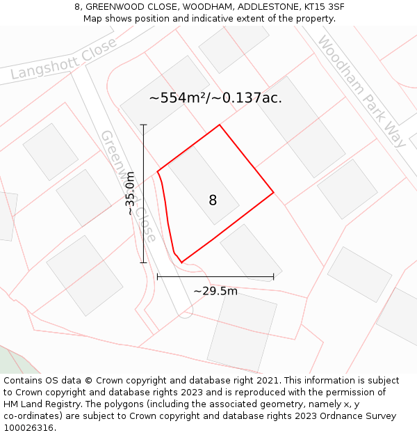 8, GREENWOOD CLOSE, WOODHAM, ADDLESTONE, KT15 3SF: Plot and title map