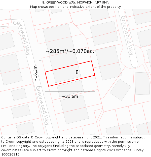 8, GREENWOOD WAY, NORWICH, NR7 9HN: Plot and title map