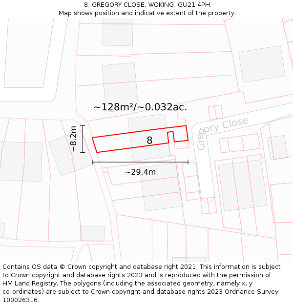 8, GREGORY CLOSE, WOKING, GU21 4PH: Plot and title map