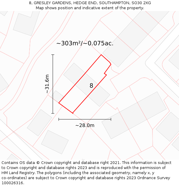 8, GRESLEY GARDENS, HEDGE END, SOUTHAMPTON, SO30 2XG: Plot and title map