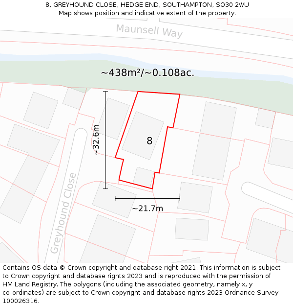 8, GREYHOUND CLOSE, HEDGE END, SOUTHAMPTON, SO30 2WU: Plot and title map