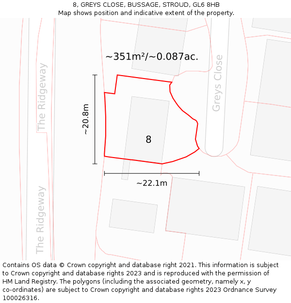8, GREYS CLOSE, BUSSAGE, STROUD, GL6 8HB: Plot and title map