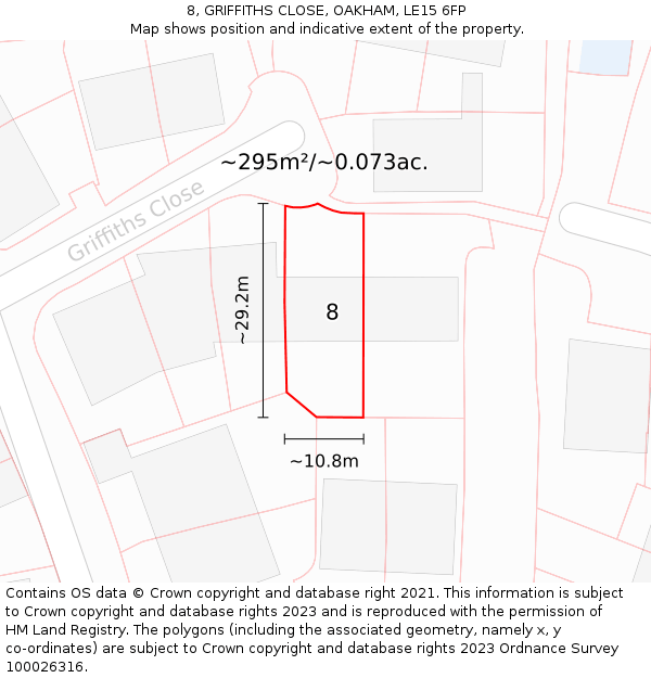 8, GRIFFITHS CLOSE, OAKHAM, LE15 6FP: Plot and title map