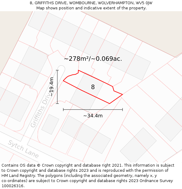 8, GRIFFITHS DRIVE, WOMBOURNE, WOLVERHAMPTON, WV5 0JW: Plot and title map