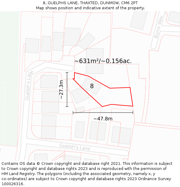 8, GUELPHS LANE, THAXTED, DUNMOW, CM6 2PT: Plot and title map
