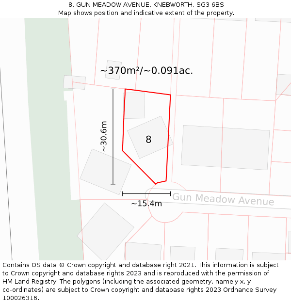 8, GUN MEADOW AVENUE, KNEBWORTH, SG3 6BS: Plot and title map