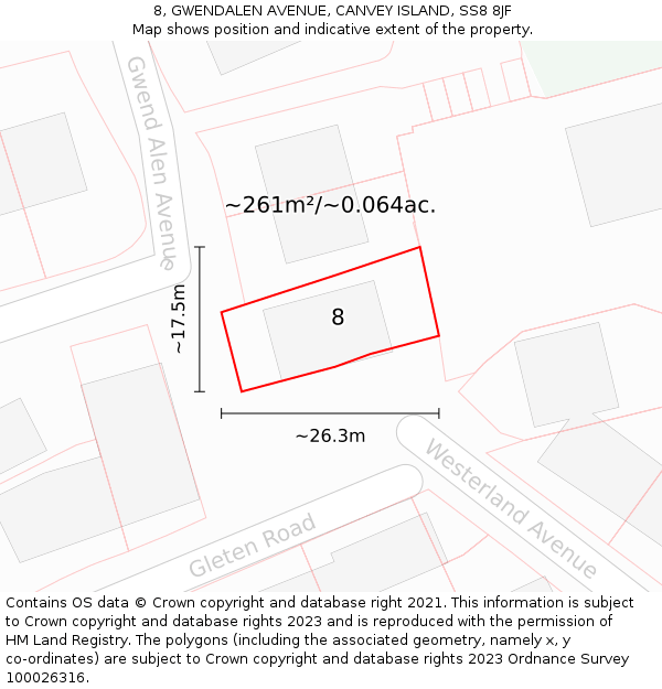 8, GWENDALEN AVENUE, CANVEY ISLAND, SS8 8JF: Plot and title map