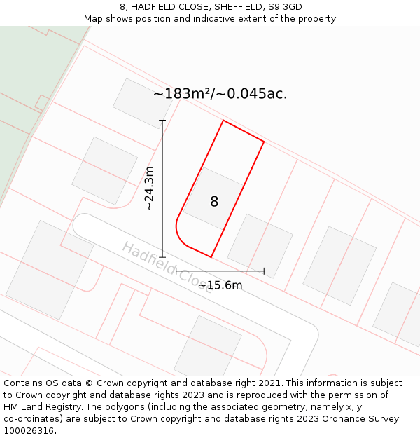 8, HADFIELD CLOSE, SHEFFIELD, S9 3GD: Plot and title map