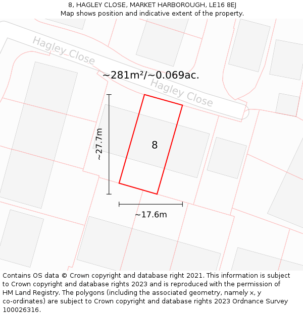 8, HAGLEY CLOSE, MARKET HARBOROUGH, LE16 8EJ: Plot and title map