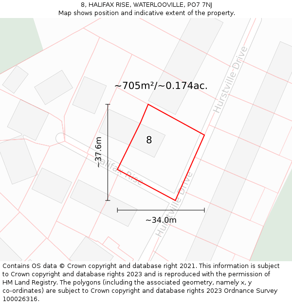 8, HALIFAX RISE, WATERLOOVILLE, PO7 7NJ: Plot and title map
