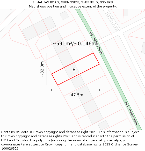 8, HALIFAX ROAD, GRENOSIDE, SHEFFIELD, S35 8PB: Plot and title map