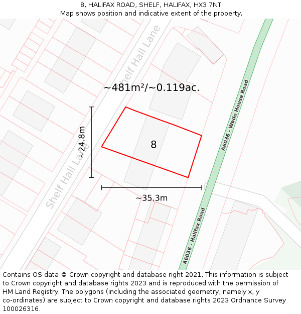 8, HALIFAX ROAD, SHELF, HALIFAX, HX3 7NT: Plot and title map