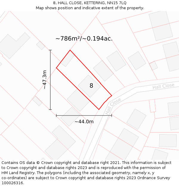 8, HALL CLOSE, KETTERING, NN15 7LQ: Plot and title map