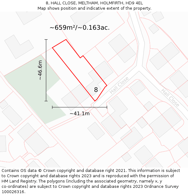 8, HALL CLOSE, MELTHAM, HOLMFIRTH, HD9 4EL: Plot and title map