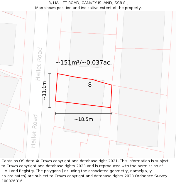 8, HALLET ROAD, CANVEY ISLAND, SS8 8LJ: Plot and title map