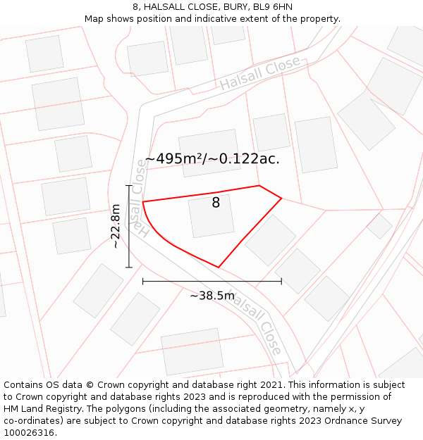 8, HALSALL CLOSE, BURY, BL9 6HN: Plot and title map
