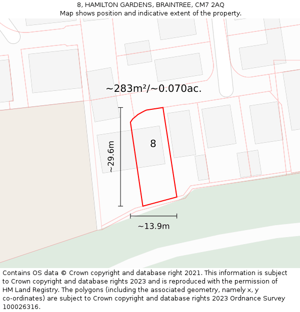 8, HAMILTON GARDENS, BRAINTREE, CM7 2AQ: Plot and title map