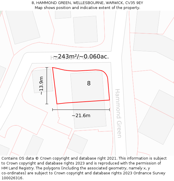 8, HAMMOND GREEN, WELLESBOURNE, WARWICK, CV35 9EY: Plot and title map