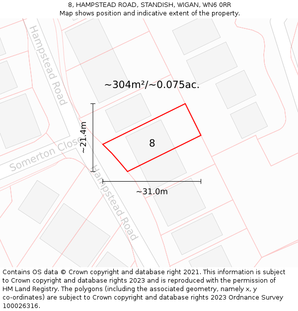8, HAMPSTEAD ROAD, STANDISH, WIGAN, WN6 0RR: Plot and title map