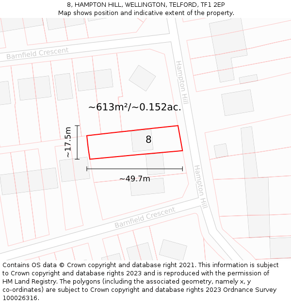 8, HAMPTON HILL, WELLINGTON, TELFORD, TF1 2EP: Plot and title map