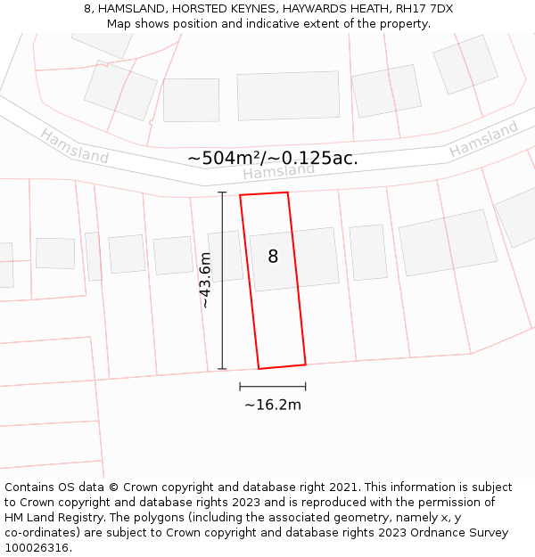 8, HAMSLAND, HORSTED KEYNES, HAYWARDS HEATH, RH17 7DX: Plot and title map