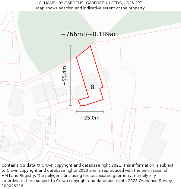 8, HANBURY GARDENS, GARFORTH, LEEDS, LS25 2PT: Plot and title map