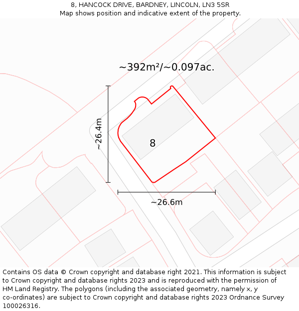8, HANCOCK DRIVE, BARDNEY, LINCOLN, LN3 5SR: Plot and title map