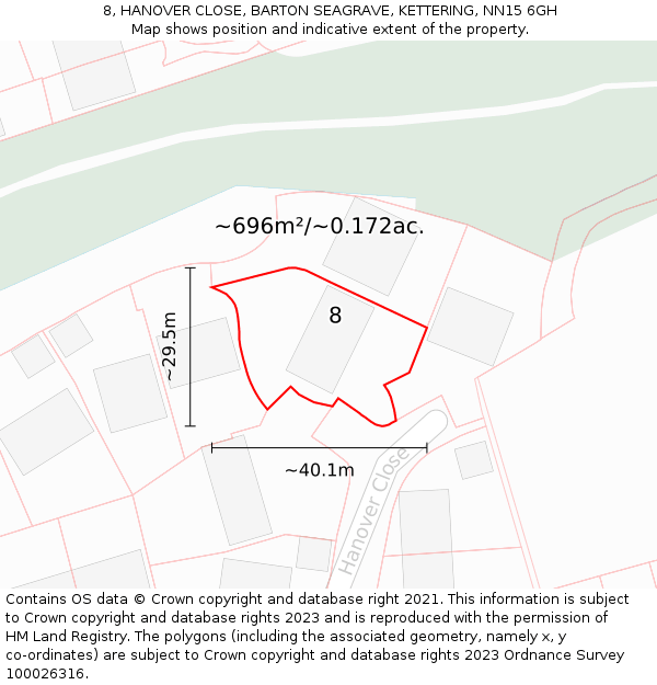 8, HANOVER CLOSE, BARTON SEAGRAVE, KETTERING, NN15 6GH: Plot and title map