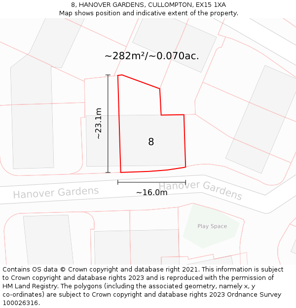 8, HANOVER GARDENS, CULLOMPTON, EX15 1XA: Plot and title map