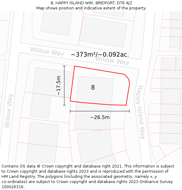 8, HAPPY ISLAND WAY, BRIDPORT, DT6 4JZ: Plot and title map