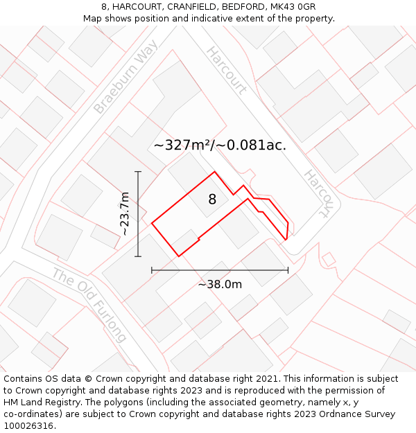 8, HARCOURT, CRANFIELD, BEDFORD, MK43 0GR: Plot and title map