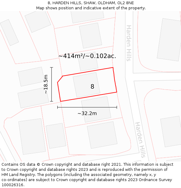 8, HARDEN HILLS, SHAW, OLDHAM, OL2 8NE: Plot and title map