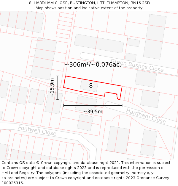 8, HARDHAM CLOSE, RUSTINGTON, LITTLEHAMPTON, BN16 2SB: Plot and title map