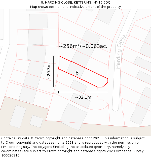 8, HARDING CLOSE, KETTERING, NN15 5DQ: Plot and title map
