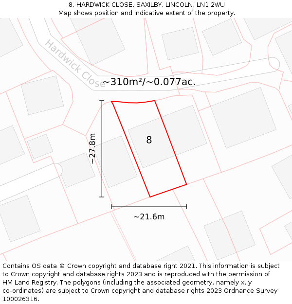 8, HARDWICK CLOSE, SAXILBY, LINCOLN, LN1 2WU: Plot and title map