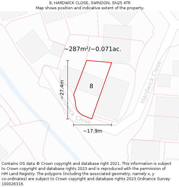 8, HARDWICK CLOSE, SWINDON, SN25 4TR: Plot and title map