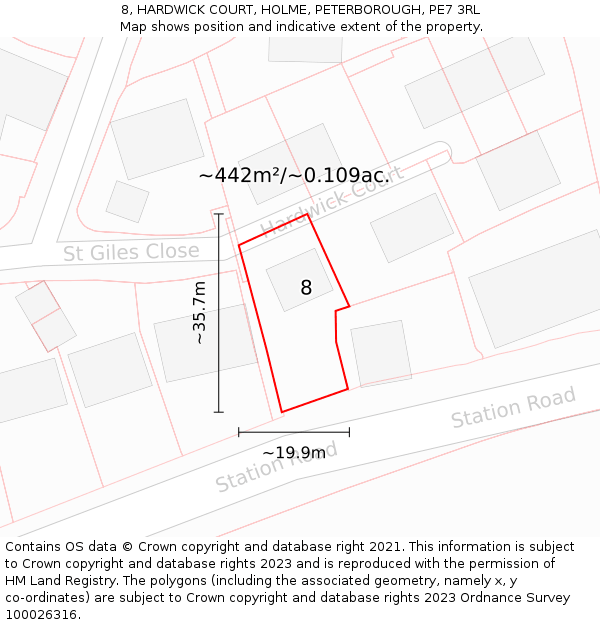 8, HARDWICK COURT, HOLME, PETERBOROUGH, PE7 3RL: Plot and title map