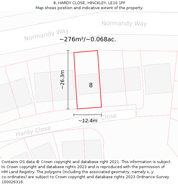 8, HARDY CLOSE, HINCKLEY, LE10 1PF: Plot and title map