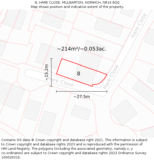 8, HARE CLOSE, MULBARTON, NORWICH, NR14 8QQ: Plot and title map