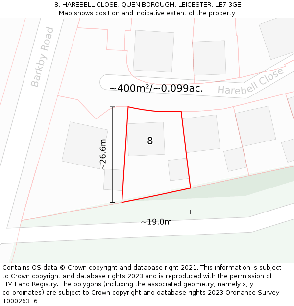 8, HAREBELL CLOSE, QUENIBOROUGH, LEICESTER, LE7 3GE: Plot and title map