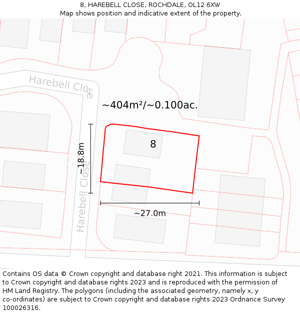 8, HAREBELL CLOSE, ROCHDALE, OL12 6XW: Plot and title map