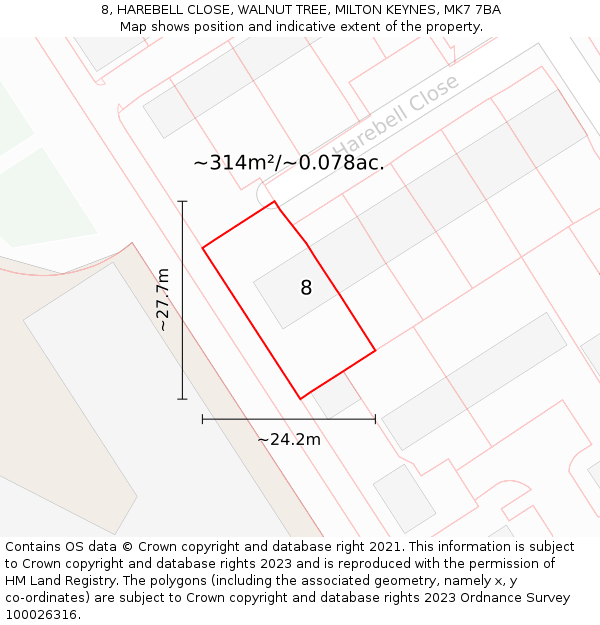 8, HAREBELL CLOSE, WALNUT TREE, MILTON KEYNES, MK7 7BA: Plot and title map