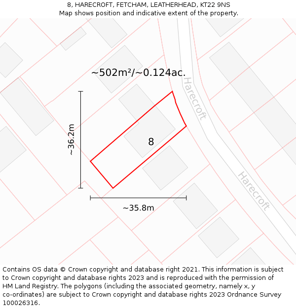 8, HARECROFT, FETCHAM, LEATHERHEAD, KT22 9NS: Plot and title map
