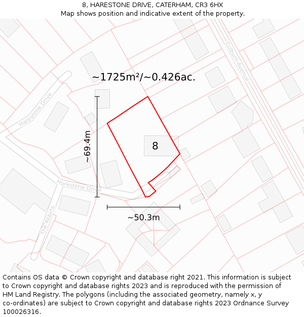 8, HARESTONE DRIVE, CATERHAM, CR3 6HX: Plot and title map