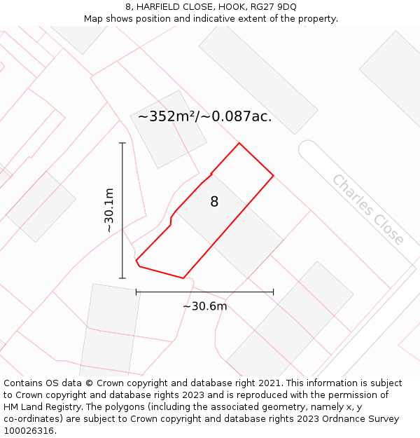 8, HARFIELD CLOSE, HOOK, RG27 9DQ: Plot and title map
